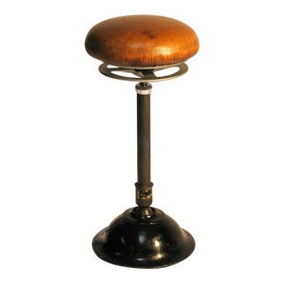Antique Industrial Adjustable Pivoting Stool, Leather Seat For Sale
