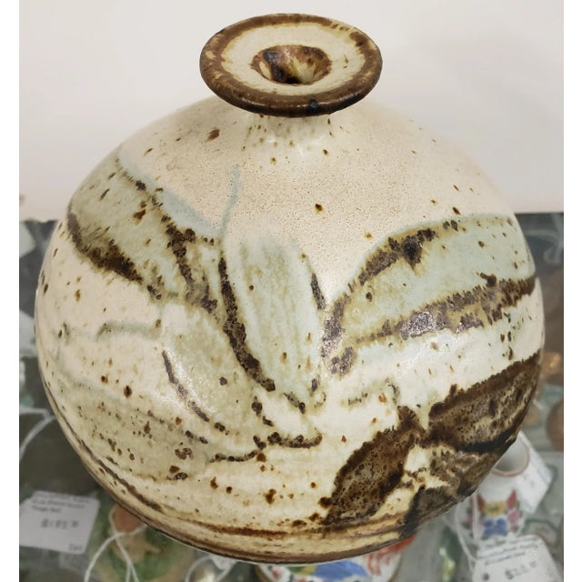 Up for sale is a Mid 20th Century American Studio Pottery Japanese Wabi-Sabi Style Rotund Baluster Foilage Motif Stoneware...