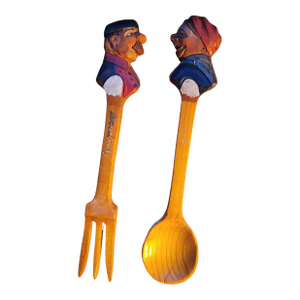1950s Anri Italian Hand Carved Wood Salad Server Set Italy