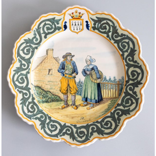 Blue 19th Century French Faience Quimper Couple Scalloped Plate For Sale - Image 8 of 8