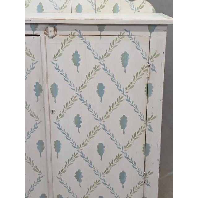 Antique White Antique Rustic Pine Two Door Sideboard Cabinet With Handpainted Lattice and Leaf Motif For Sale - Image 8 of 18