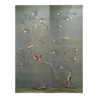 Chinoiserie Floral Mural Hand Painted Wallpaper - 2 Panels For Sale