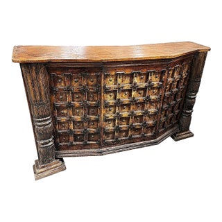 1990s Spanish Colonial Style Wood Bar W/ Iron Strapwork & Carved Columns For Sale