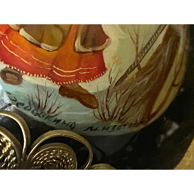 Vintage Fedoskino Russian Triptych Brass Filigree With Lacquer Egg Shape With Father Frost and the Snow Maiden Signed M. Izotova. For Sale - Image 4 of 15