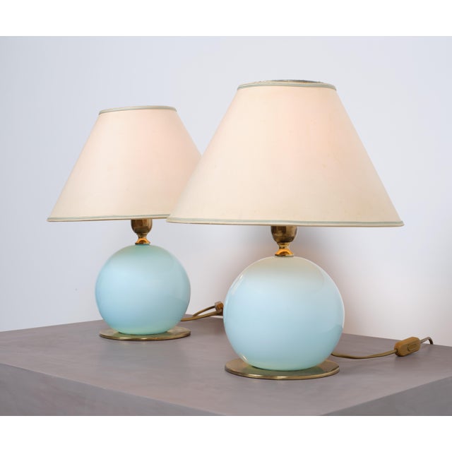 Metal Mid-Century Italian Blue Glass and Brass Table Lamps, 1950s, Set of 2 For Sale - Image 7 of 8