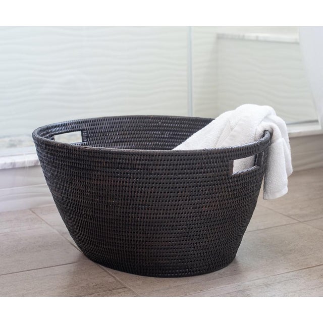 Boho Chic Artifacts Rattan Laundry Basket with Cutout Handles in Tudor Black For Sale - Image 3 of 11