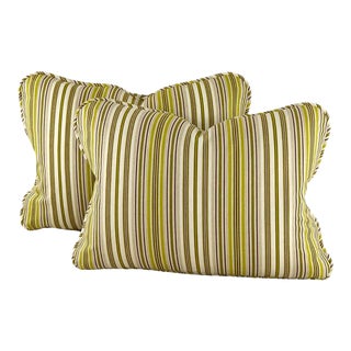 Premier Prints MM Designs Brown Green Ivory Awning Pin Ticking Stripe Pillow Covers- Pair For Sale