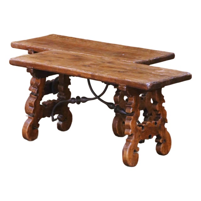 Pair of Mid-Century Spanish Walnut Trestle Tables-Benches With Iron Stretchers For Sale