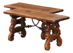 Pair of Mid-Century Spanish Walnut Trestle Tables-Benches With Iron Stretchers