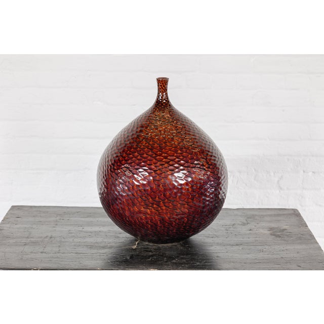 Handcrafted Bulb Shaped Burgundy Vase with Textured Honeycomb Style Motifs For Sale - Image 4 of 12