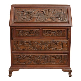 Vintage Oriental Asian Carved Drop Leaf Secretary Desk Dresser Made in Japan For Sale