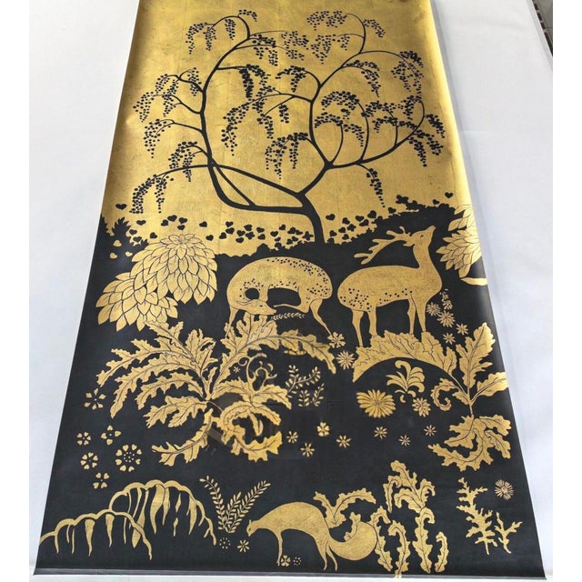 Gold‑Leaf Hand‑Painted Wall Panels, Set of 4, Woodland Deer & Wildlife Mural For Sale - Image 4 of 8