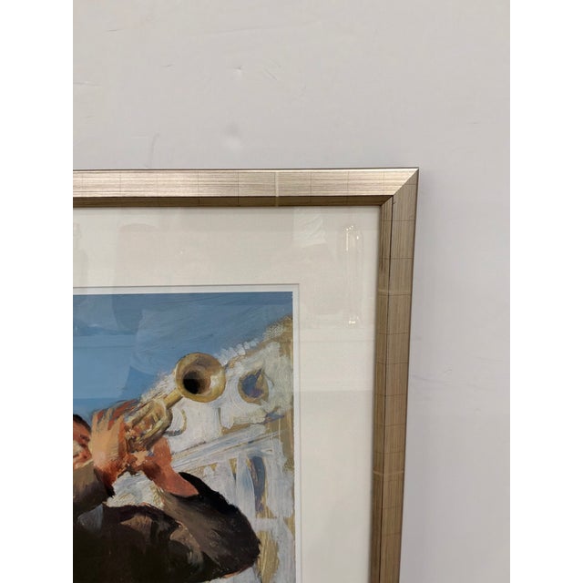 Soicher Marin - Alan Kingsbury The Walking Call Giclee Framed. Silverleaf frame, man playing trumpet at plaza. Original...