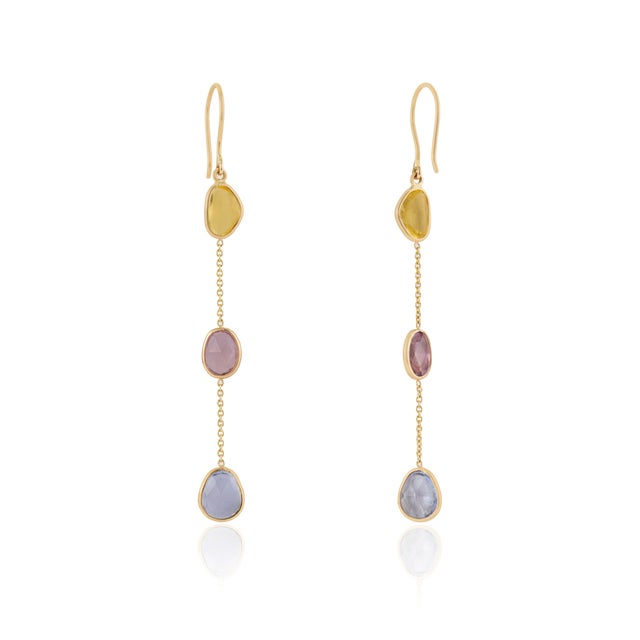 Metal 4.25ct Multi Sapphire September Birthstone Chain Dangle Earrings in 14k Gold- 2 Pieces For Sale - Image 7 of 16