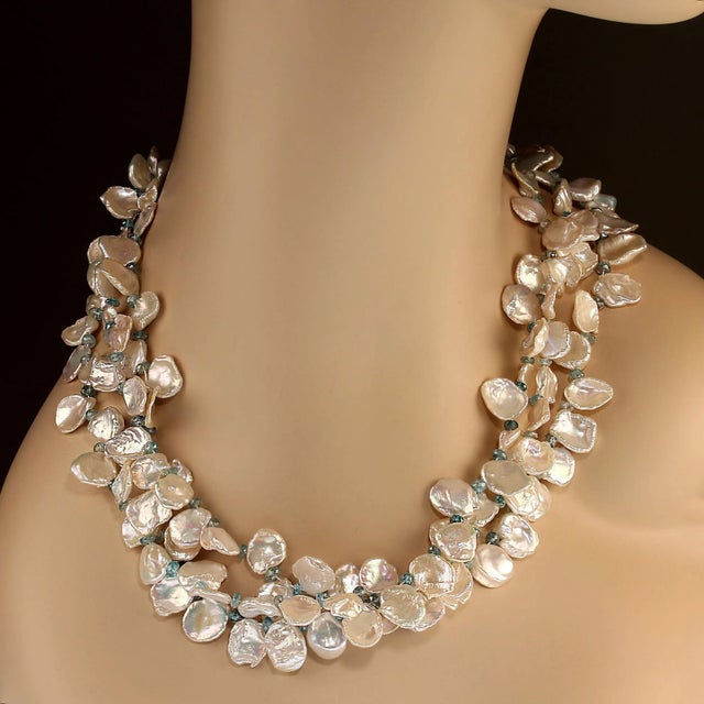Traditional Triple Strand of White Keshi Pearls Accented With Blue Zircons For Sale - Image 3 of 4