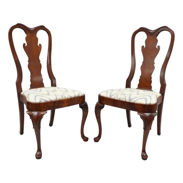 Vintage Queen Anne Style Crotch Mahogany Dining Room Side Chairs - A Pair For Sale