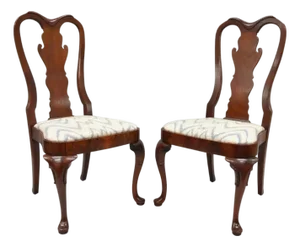 Vintage Queen Anne Style Crotch Mahogany Dining Room Side Chairs - A Pair