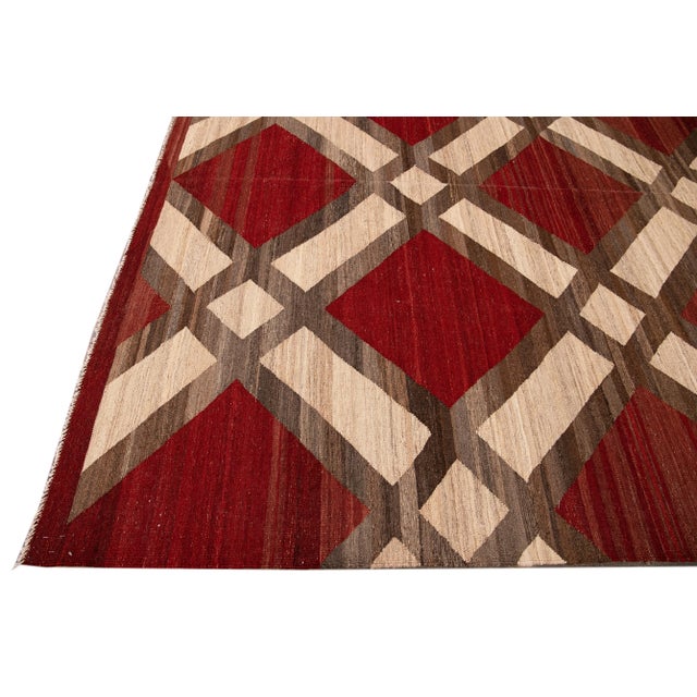 Modern Kilim Flatweave Red and Beige Geometric Wool Rug For Sale - Image 4 of 10