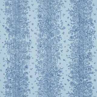 Schumacher x The New Yorker Edward Steed's Towers Of Flowers Wallpaper In Sky Blue & Navy For Sale