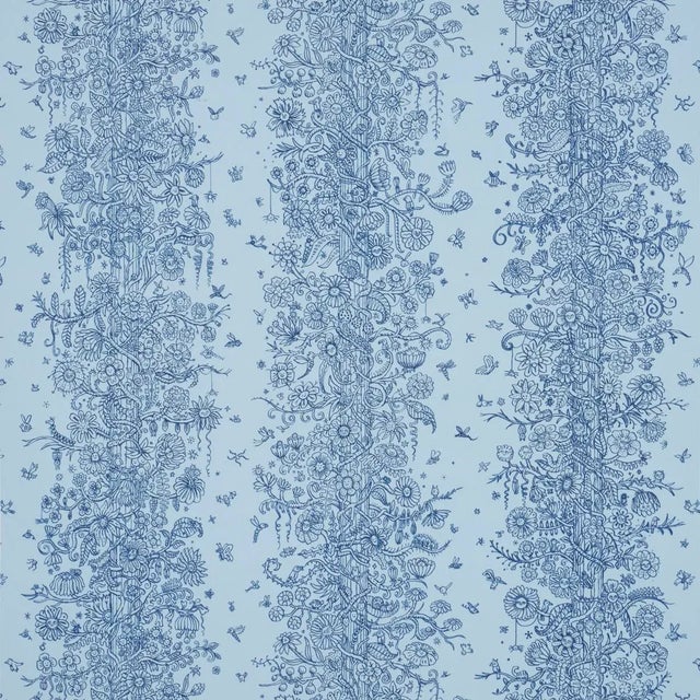 Schumacher x The New Yorker Edward Steed's Towers Of Flowers Wallpaper In Sky Blue & Navy For Sale