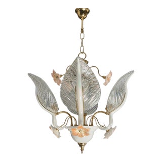 Late 20th Century Hollywood Regency Murano Style Glass Petal & Leaf Chandelier - Gold Finish For Sale