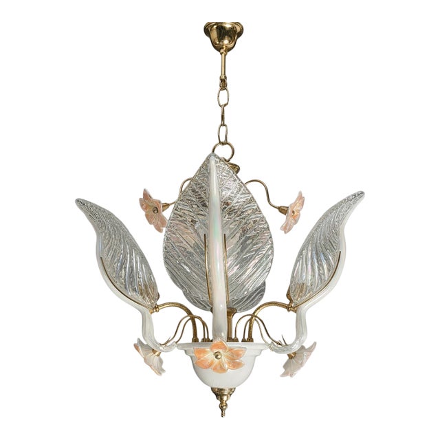 Late 20th Century Hollywood Regency Murano Style Glass Petal & Leaf Chandelier - Gold Finish For Sale