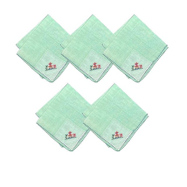 Chinoiserie Mint Green Square Embroidered Pagoda Motif Cloth Dinner Napkins - 5 For Sale In Oklahoma City - Image 6 of 6