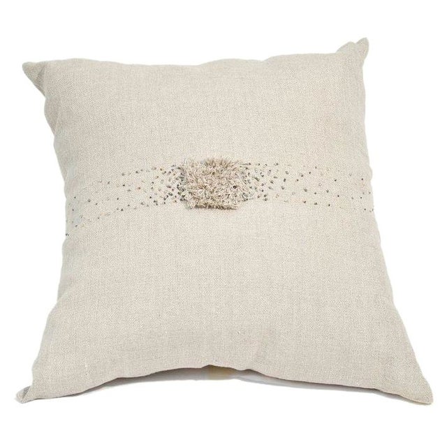 Linen Pillow in Beige with Beaded Center For Sale
