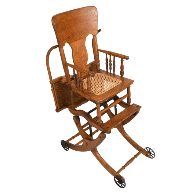 Antique Victorian Oak Convertible Highchair Stroller With Pressed Back For Sale In Greensboro - Image 6 of 9