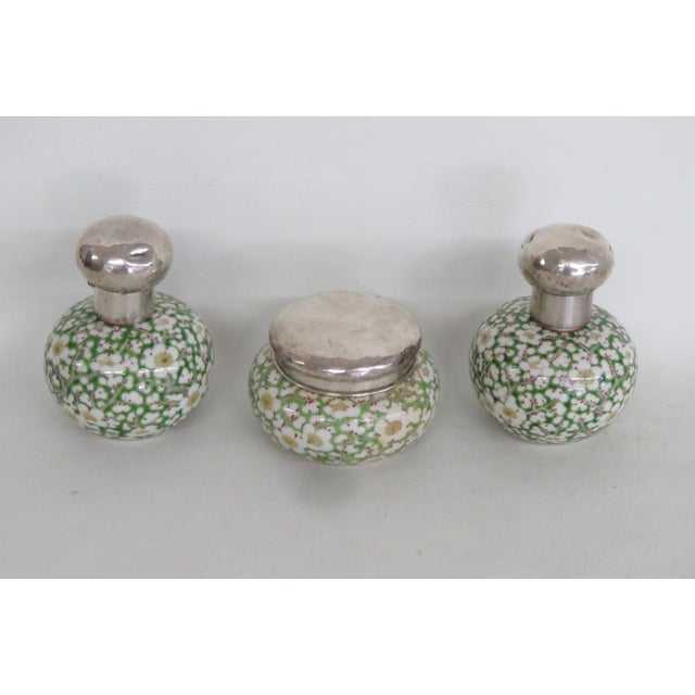 Cloisonne Enamel Sterling Lidded 3pc Vanity Set Empty Perfume Bottles Jar 5113b For Sale - Image 4 of 18