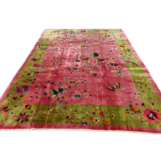 1920s Raspberry Pink Field Antique Floral Vase Chinese Art Deco Rug 8' 9" X 11' 4" Knotted Wool Carpet For Sale - Image 9 of 10