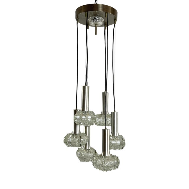 Italian 6-Light Cascade Steel and Crystal Chandelier, 1970s For Sale