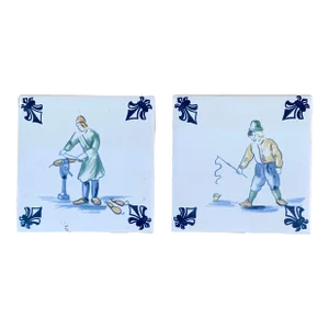 Vintage Dutch Delft Style Craftsmen Blue and White Tiles- a Pair