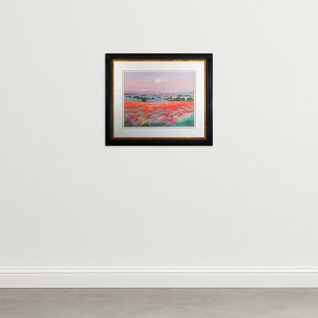 This original pastel landscape captures a panoramic view of rolling countryside bathed in the soft glow of a setting sun....