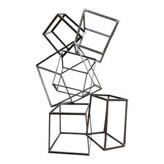 Large Brutalist Geometric Cube Metal Floor Sculpture For Sale