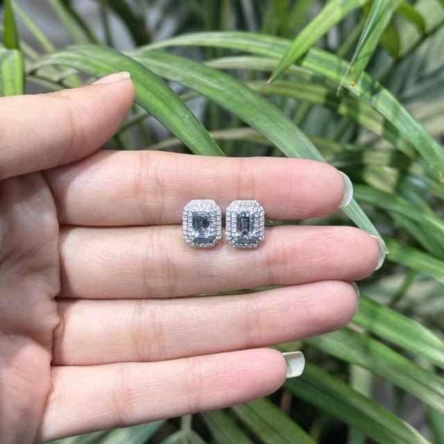 1.23ct Modern Aquamarine & Diamond Double Halo Stud Earrings 14k Gold- 2 Pieces For Sale - Image 9 of 16