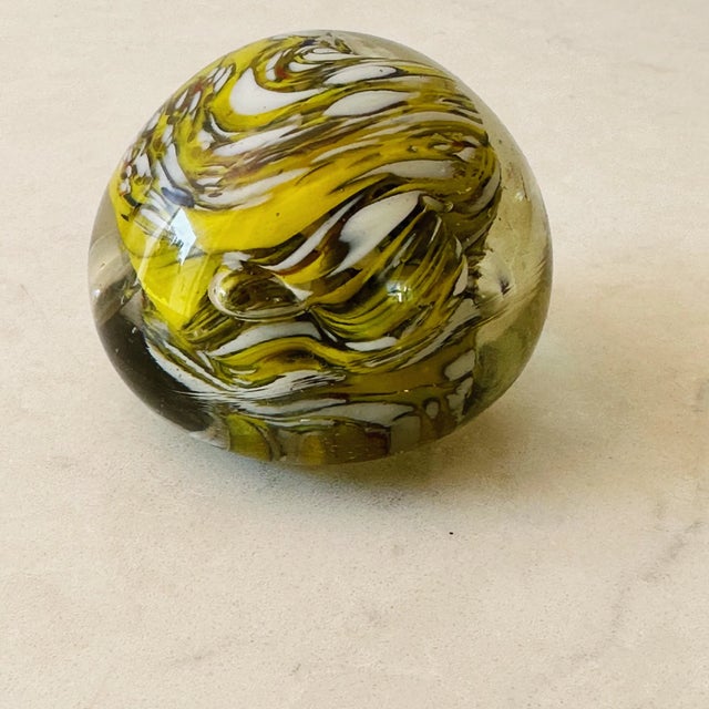 Vintage Art Glass Paper Weight in Yellow and White Swirl For Sale - Image 4 of 6