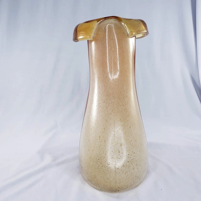 Late 20th Century Hand Blown Art Glass Vase Rolled Lip Rim Cream Amber Orange For Sale - Image 4 of 8