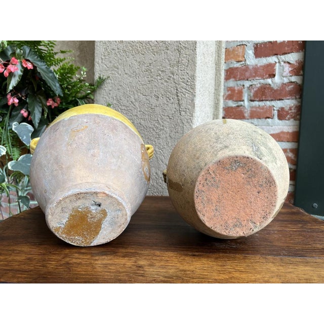 Pair Antique Provincial French Yellow Glazed Pottery Confit Pot Urn Vessel Vase For Sale - Image 12 of 13