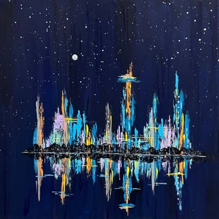 "Night in the City" Contemporary Original Abstract Cityscape Painting by Deb Bossert For Sale