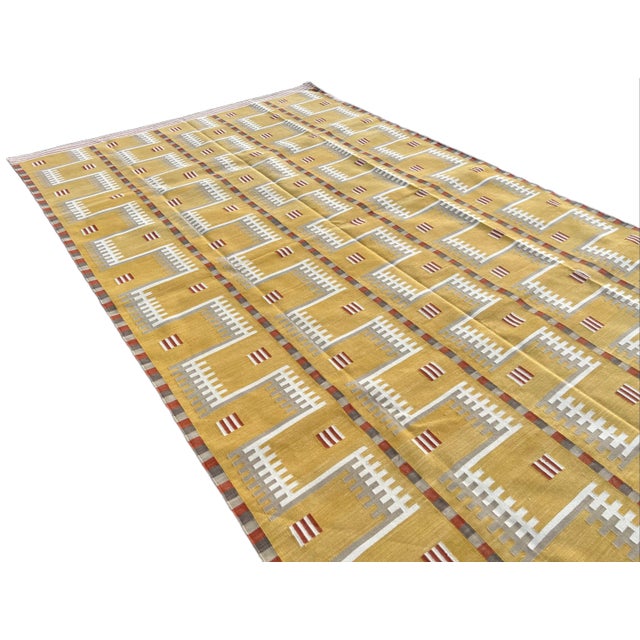 Textile Handwoven Cotton Area Rug Natural Vegetable Dyed Mustard Beige Cream & Red Marianne Geometric Dhurrie - 10'x14' For Sale - Image 7 of 10