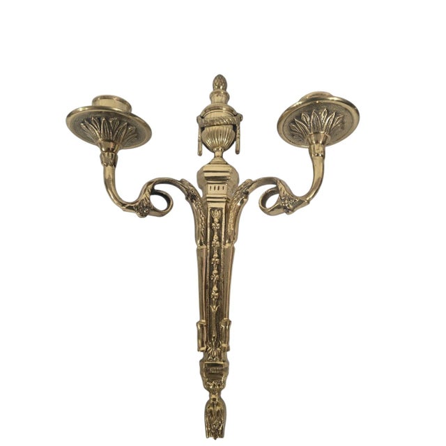 Mid 20th Century Vintage Brass Louis XVI-Style Wall Candle Sconces With Ruby Glass Cups - Pair For Sale - Image 5 of 5