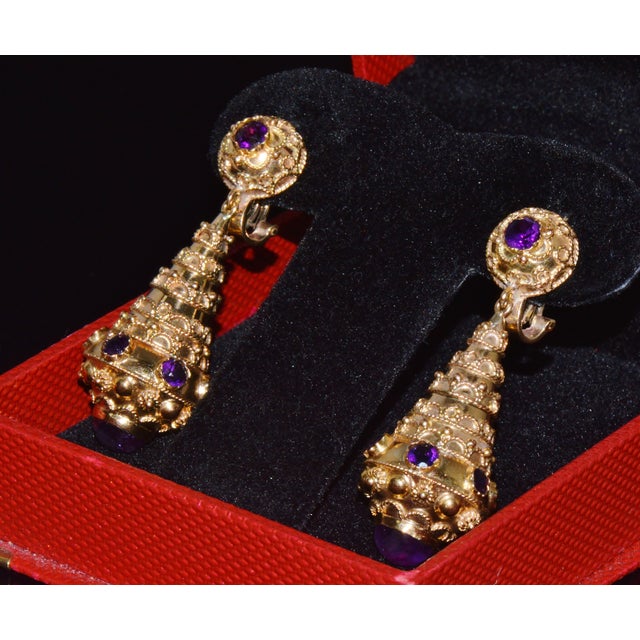 Late 19th Century Gorgeous Italian Etruscan Revival 18k 750 Solid Gold Amethyst Dangle Chandelier Earrings For Sale - Image 12 of 13