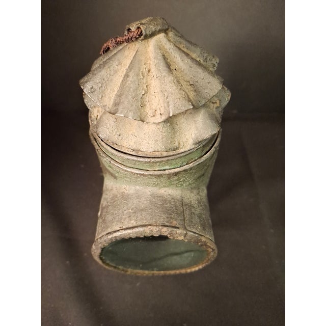 Antique Tin Bullseye Candle Lantern Crimped Top Green Painted Belt Lamp For Sale - Image 14 of 18