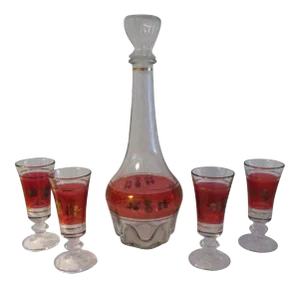 Mid-Century Bohemian Red Flash & Gold Decanter & Glasses, 5 Pcs