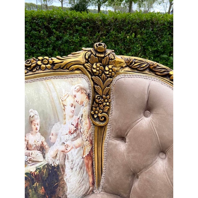 French 1970s French Louis XVI Tan Velvet Gilt Beech Settee For Sale - Image 3 of 17