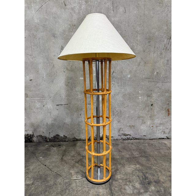 Vintage Bamboo Rattan Floor Lamp Chrome Cage Column Organic Modern Boho For Sale In San Francisco - Image 6 of 8