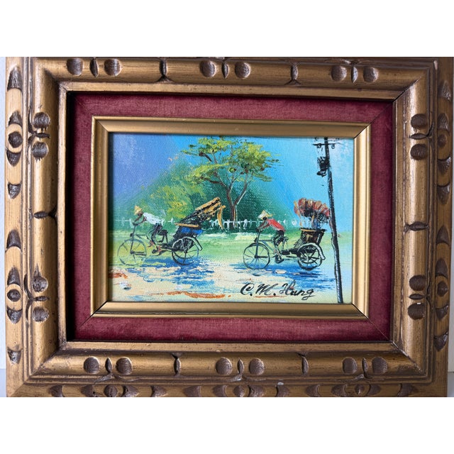 1970s 1970s Vintage Asian Rickshaw Street Scene Oil Painting on Plywood – Framed For Sale - Image 5 of 8