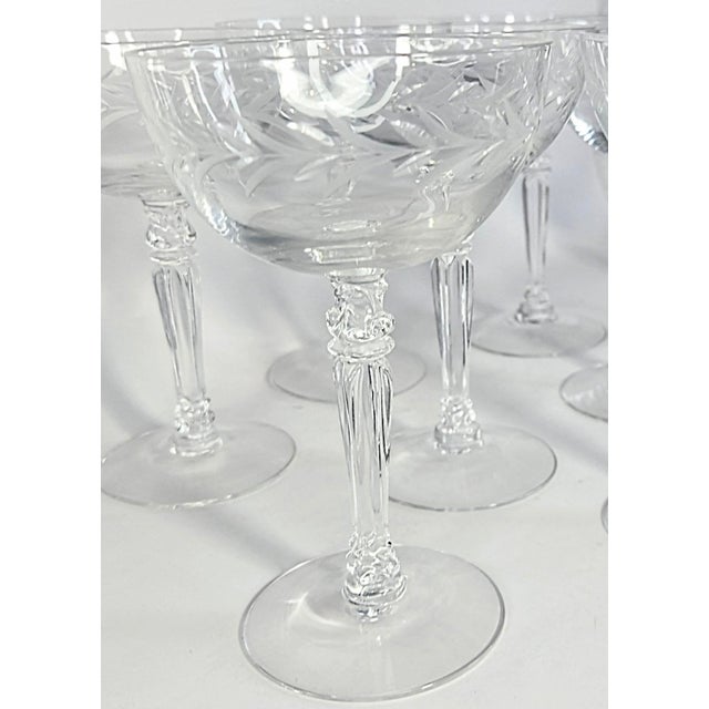 Transparent Vintage Handcut Laurel Champagne Coupes- Set of Eight For Sale - Image 8 of 13