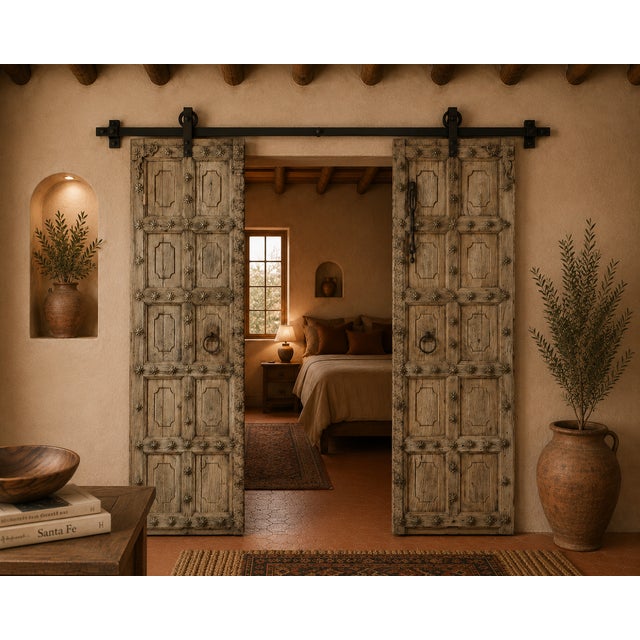 This Antique Indian Carved Teakwood Door, c. 1880–1900, has been carefully bleached to reveal the intricate carvings while...